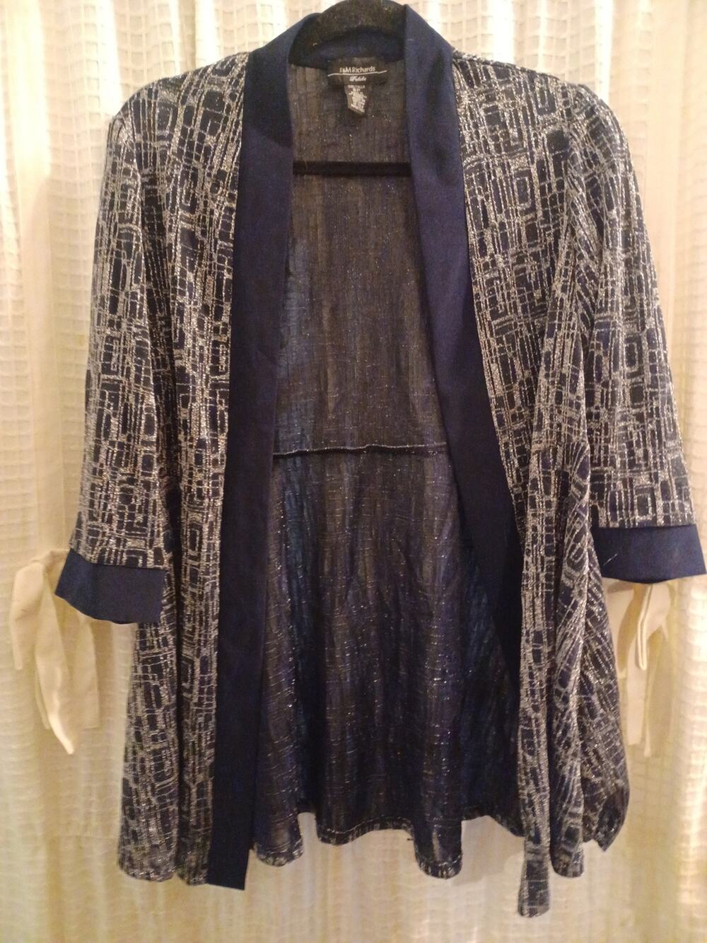 R&M Richards Navy and Silver Open-Front Metallic Knit Cardigan